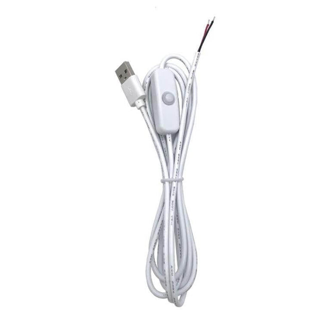 2m USB Power Cable With On Off Button For LED Light Strips white USB to bare wires with inline on/off switch, 2m length for LED strip power