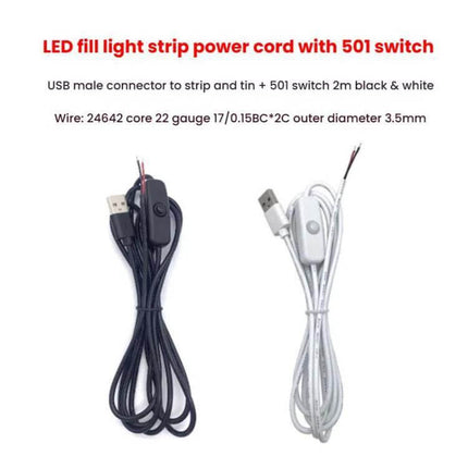 2m USB Power Cable With On Off Button For LED Light Strips - black and white USB power cords with inline on/off switch for LED light strips