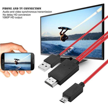 2 Meter MHL Micro USB To HDMI Adapter Cable For TV Mirroring red cable showing micro USB, HDMI and USB power connectors with smartphone mirroring to HDTV