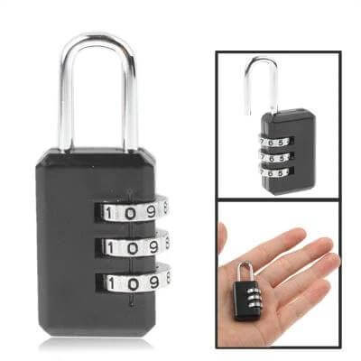 3 Digit Resettable Travel Lock For Luggage Durable compact black combination padlock for luggage, zippers and small enclosures, shown open and in hand