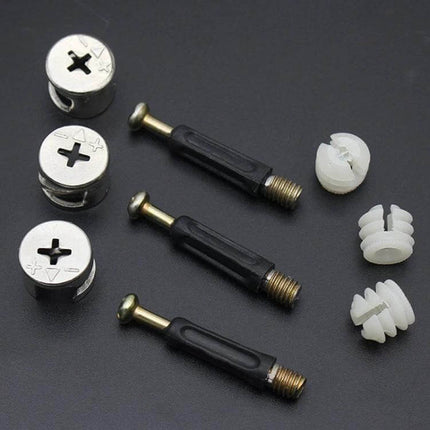 3 In 1 Furniture Connector Set For Easy Assembly 40mm And 35mm - metal cam locks, cross screws, plastic dowels for modular shelving and DIY furniture
