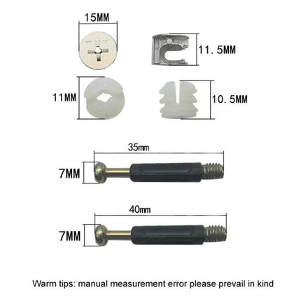 3 In 1 Furniture Connector Set For Easy Assembly 40mm And 35mm close-up of 35mm and 40mm connector bolts and plastic fittings with measurements