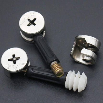 3 In 1 Furniture Connector Set For Easy Assembly 40mm And 35mm metal cam fittings and plastic dowels shown for modular shelf assembly