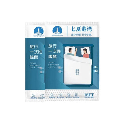 3-In-1 Travel Hotel Disposable Bedding Set For One Person pre-sterilized vacuum-packed single-use travel quilt cover in blue packaging
