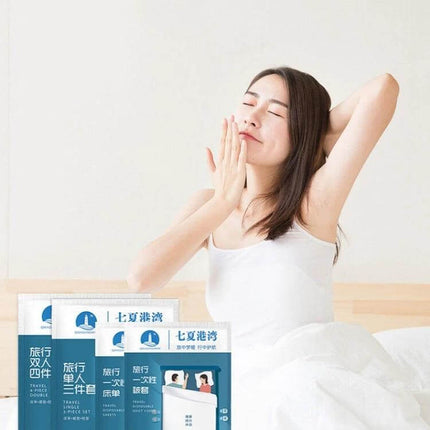 3-In-1 Travel Hotel Disposable Bedding Set For One Person shown vacuum-packed with a relaxed traveler stretching on a bed