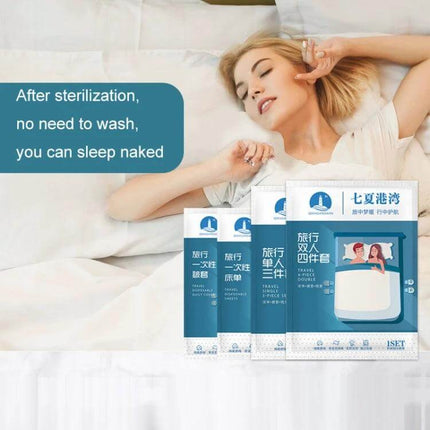 3-In-1 Travel Hotel Disposable Bedding Set For One Person showing pre-sterilized vacuum-packed single-use bedding on a hotel bed with relaxed traveler
