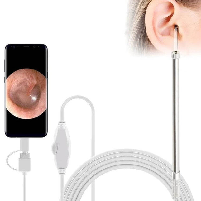 3 In 1 USB Ear Scope With Camera For Android And PC showing ear canal view on phone, 5.5mm camera head with cable and LED light
