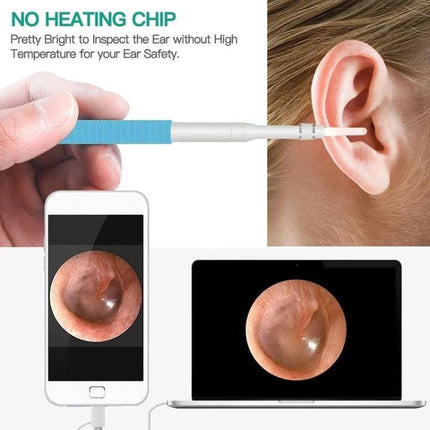 3 In 1 USB Ear Scope With Camera For Android And PC showing ear canal view on phone and laptop, 5.5mm camera inspecting ear with LED illumination