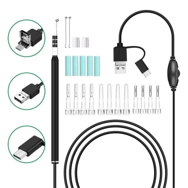 3 In 1 USB Ear Scope With Camera For Android And PC - 5.5mm camera head, USB/OTG cable and interchangeable ear cleaning tips shown