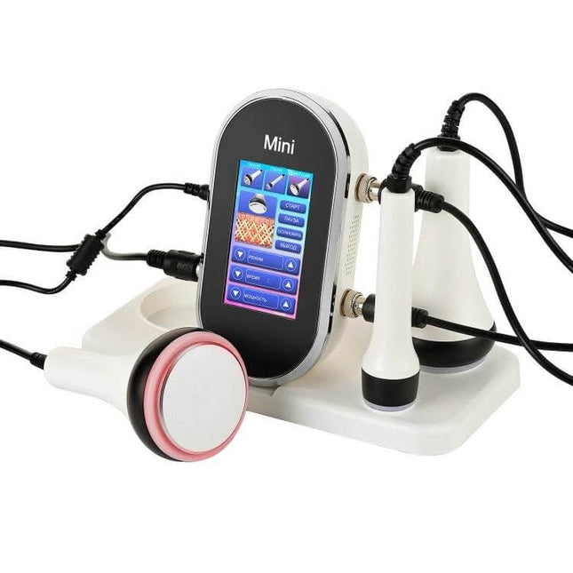 3 In 1 Ultrasonic Cavitation Body Slimming Device US Plug shown with three interchangeable heads on a white stand, touch-screen control, ideal for home body contouring