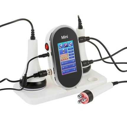 3 In 1 Ultrasonic Cavitation Body Slimming Device US Plug handheld unit with three interchangeable heads on white stand for home body contouring