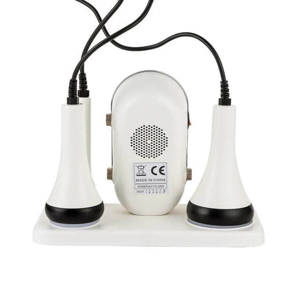 3 In 1 Ultrasonic Cavitation Body Slimming Device US Plug white device with two detachable heads on charging stand for at-home body contouring