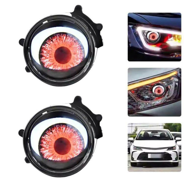 3-Inch LED Demon Eye Light for Cars and Motorcycles installed in headlights showing red glowing eye accent on car front