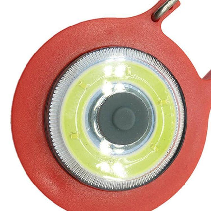 3 Pack Mini Carabiner COB Flashlight Keychain For Outdoors close-up of red COB LED light and carabiner hook