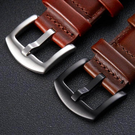 3-Piece Stainless Steel Watch Buckle Set For 18/20/22mm showing polished silver and black 304 stainless steel buckles paired with brown leather straps