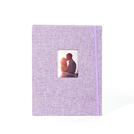 3-Inch 208-Pocket Cotton Linen Photo Album for Photos and Tickets in lavender with windowed cover and elastic band, compact travel photo and ticket organizer