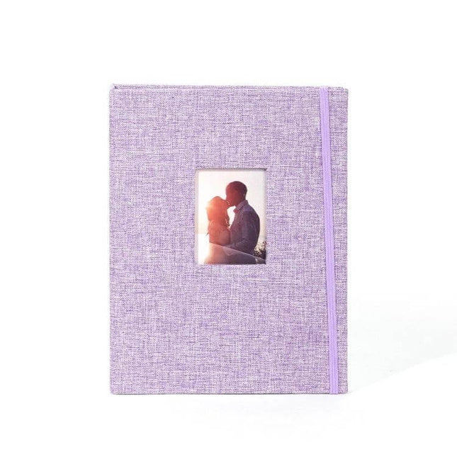 3-Inch 208-Pocket Cotton Linen Photo Album for Photos and Tickets in lavender with windowed cover and elastic band, compact travel photo and ticket organizer