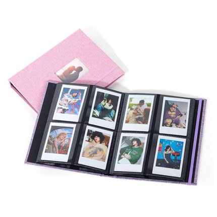 3-Inch 208-Pocket Cotton Linen Photo Album for Photos and Tickets open showing 3-inch photo and ticket pockets, portable cotton-linen cover, pink and purple