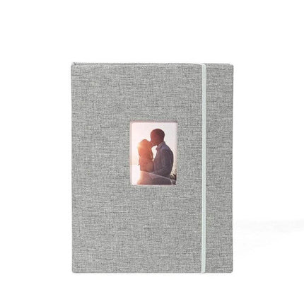 3-Inch 208-Pocket Cotton Linen Photo Album for Photos and Tickets - gray linen cover with elastic band and small front photo window