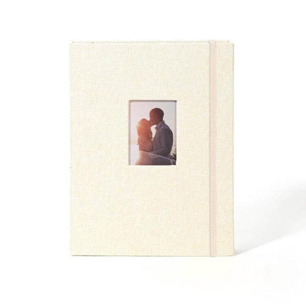 3-Inch 208-Pocket Cotton Linen Photo Album for Photos and Tickets in neutral cotton-linen cover with elastic band and front photo window