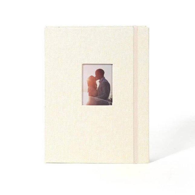 3-Inch 208-Pocket Cotton Linen Photo Album for Photos and Tickets in neutral cotton-linen cover with elastic band and front photo window