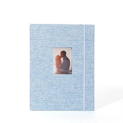 3-Inch 208-Pocket Cotton Linen Photo Album for Photos and Tickets - light blue linen cover with elastic band and windowed photo