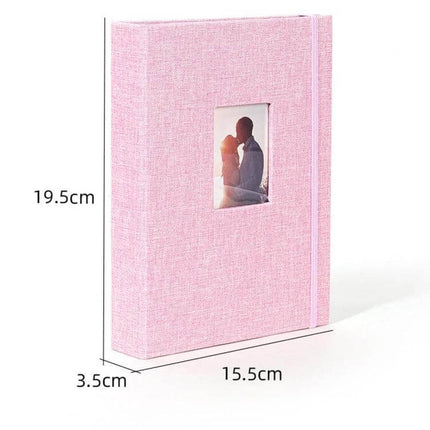 3-Inch 208-Pocket Cotton Linen Photo Album for Photos and Tickets compact pink linen cover with window and elastic band, holds 3-inch photos and tickets