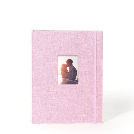 3-Inch 208-Pocket Cotton Linen Photo Album for Photos and Tickets - pink compact linen cover with center photo window and elastic closure