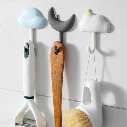 3-Piece Adhesive Wall Hooks Set, Non-Marking, Ideal For Home Or Dorm - cloud and moon hooks holding kitchen tools on white wall