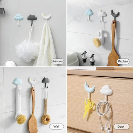 3-Piece Adhesive Wall Hooks Set, Non-Marking, Ideal For Home Or Dorm - cloud and moon hooks holding towels, brushes, keys in bathroom, kitchen, wall, desk