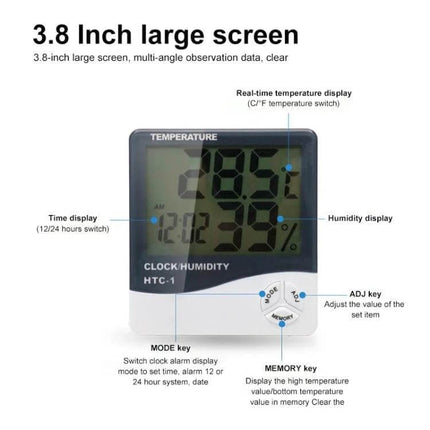 3.8 Inch LCD Temperature and Humidity Meter with Clock digital indoor thermometer and hygrometer display showing time date and humidity