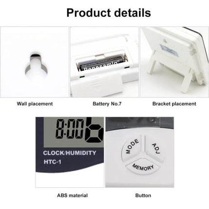 3.8 Inch LCD Temperature and Humidity Meter with Clock showing wall mount, battery compartment, bracket, and control buttons