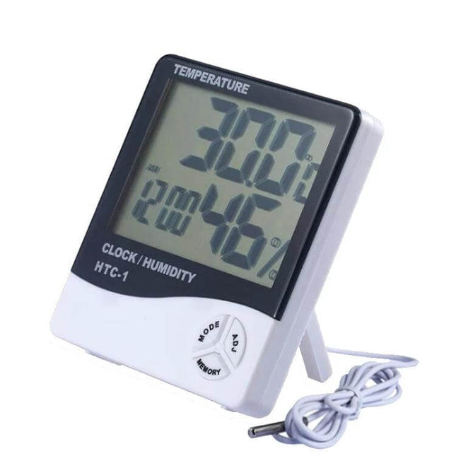 3.8 Inch LCD Temperature and Humidity Meter with Clock showing large LCD temp, humidity, clock and wired outdoor sensor for home use