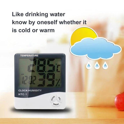 3.8 Inch LCD Temperature and Humidity Meter with Clock on table showing indoor readings time and humidity, suitable for living room nursery
