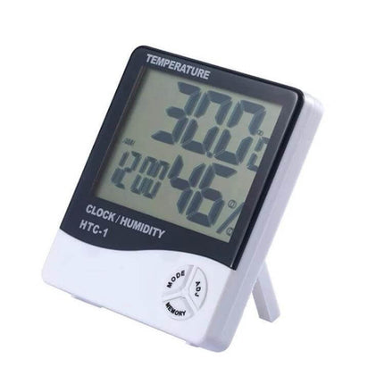 3.8 Inch LCD Temperature and Humidity Meter with Clock on stand showing 30.0°C and 46% humidity, time and calendar display