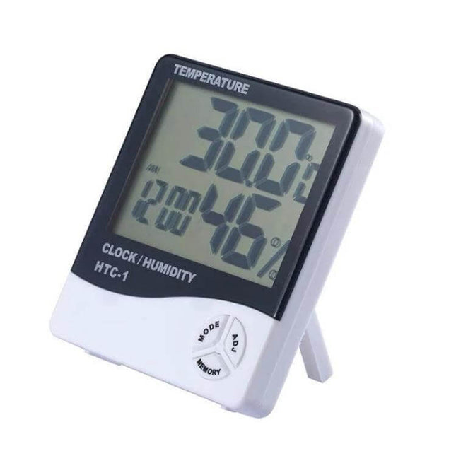 3.8 Inch LCD Temperature and Humidity Meter with Clock on stand showing 30.0°C and 46% humidity, time and calendar display