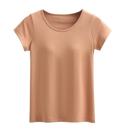 Women's Comfortable Short-Sleeved T-Shirt with Built-in Chest Pad in beige viscose, short sleeves and crew neck for lightweight summer wear
