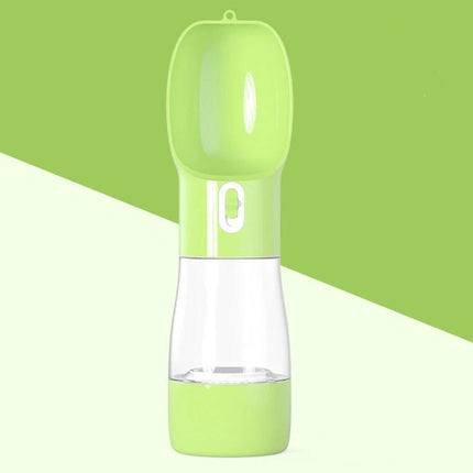 Portable Dog Water Bottle With Food Compartment For Travel green dual-chamber bottle with top water cup and bottom food container