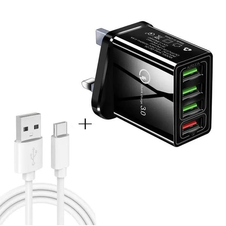 30W Quick Charge 4-Port USB Charger Set with 1m Data Cable