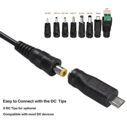 30W USB Power Adapter With Monitoring LED For Everyday Charging - black cable with 8 interchangeable DC tips and LED terminal connector