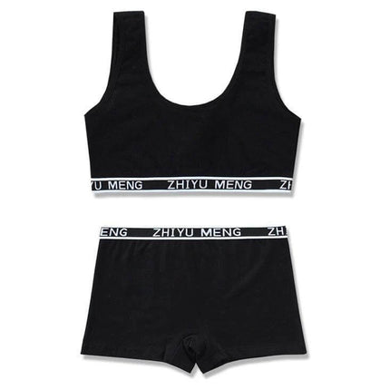 Comfortable Pure Cotton Underwear Set for Children Aged 7-14 black vest-style bra and matching shorts, 100% cotton breathable set for active kids