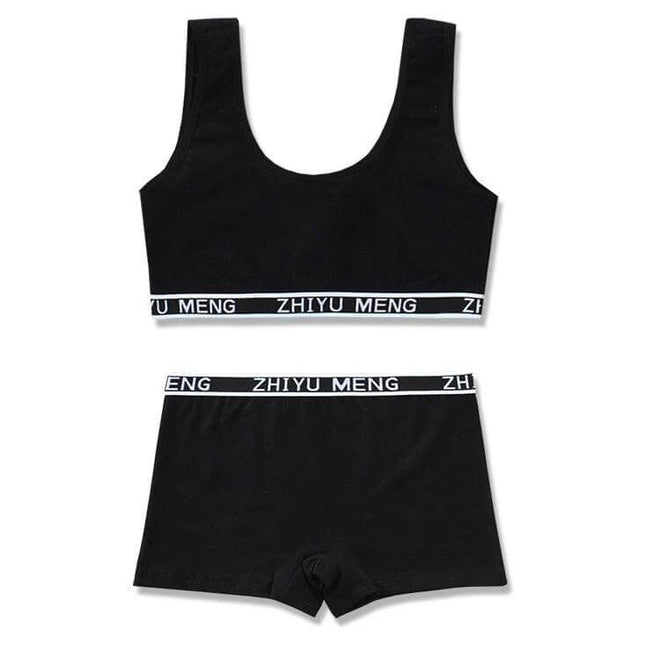 Comfortable Pure Cotton Underwear Set for Children Aged 7-14 black vest-style bra and matching shorts, 100% cotton breathable set for active kids
