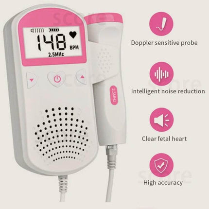 Portable Fetal Heart Rate Monitor for Home Pregnancy Use handheld doppler device showing 148 BPM, probe, speaker, and feature icons
