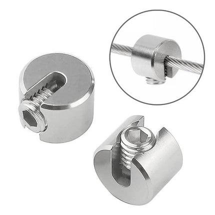 316 Stainless Steel Garden Wire Rope Fixed Clips 10 Piece Set – close-up of two corrosion‑resistant round stainless clips securing garden wire