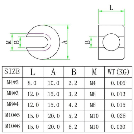 316 Stainless Steel Garden Wire Rope Fixed Clips 10 Piece Set technical drawing with size chart and dimensions
