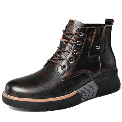 Men's Leather Wedge Martin Boots For Casual Winter Wear - Brown cowhide leather mid-height wedge Martin boot with lace-up front for city and outdoor use
