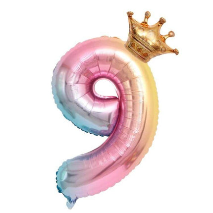 32-Inch Gradient Color Crown Balloon For Kids Birthday Party - 32-inch gradient crown-shaped foil balloon in pastel rainbow as cake table or photo backdrop accent.