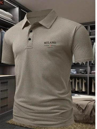 Men's Solid Color Short-Sleeved Lapel Polo Shirt for Casual Wear beige pinhole-cloth polo with Milano logo styled with jeans or chinos