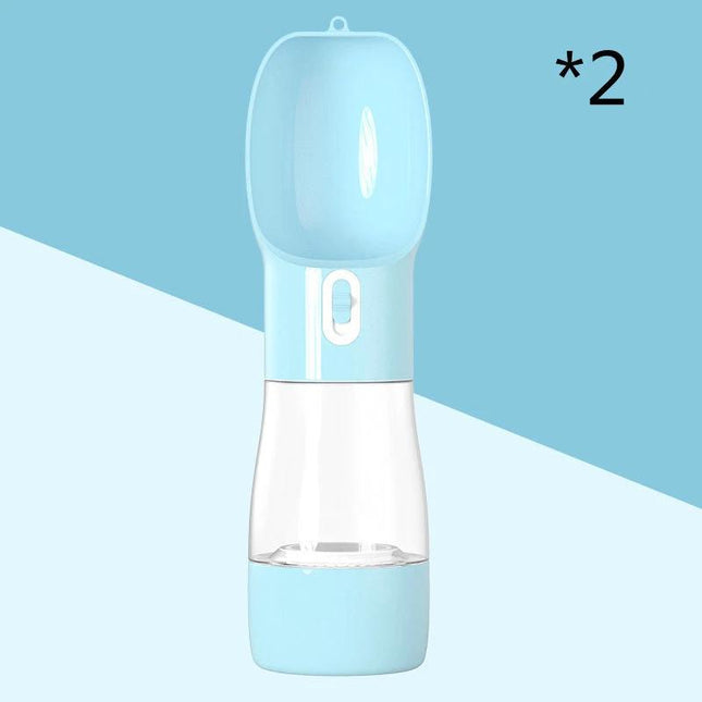 Portable Dog Water Bottle With Food Compartment For Travel – Light blue dual‑chamber portable water bottle with top cup and bottom food container