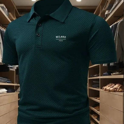 Men's Solid Color Short-Sleeved Lapel Polo Shirt for Casual Wear in dark green pinhole cloth styled with jeans or chinos